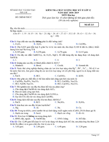 Đề kiểm tra chất lượng học kì 2 môn Hóa học 12 - Đề 213 - Năm học 2018-2019 - SGD&ĐT Gia Lai