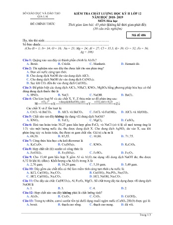 Đề kiểm tra chất lượng học kì 2 môn Hóa học 12 - Đề 486 - Năm học 2018-2019 - SGD&ĐT Gia Lai