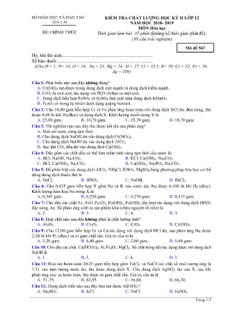 Đề kiểm tra chất lượng học kì 2 môn Hóa học 12 - Đề 567 - Năm học 2018-2019 - SGD&ĐT Gia Lai