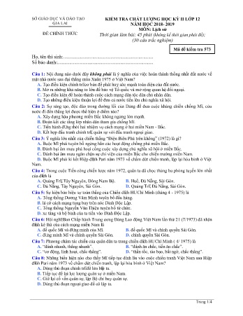 Đề kiểm tra chất lượng học kì 2 môn Lịch sử 12 - Đề 573 - Năm học 2018-2019 - SGD&ĐT Gia Lai (Có đáp án)