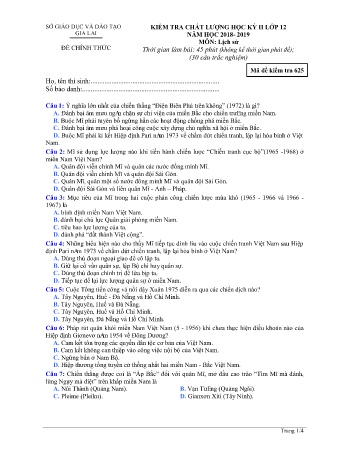 Đề kiểm tra chất lượng học kì 2 môn Lịch sử 12 - Đề 625 - Năm học 2018-2019 - SGD&ĐT Gia Lai (Có đáp án)
