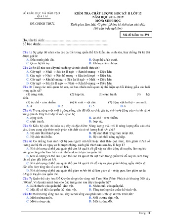 Đề kiểm tra chất lượng học kì 2 môn Sinh học 12 - Đề 294 - Năm học 2018-2019 - SGD&ĐT Gia Lai