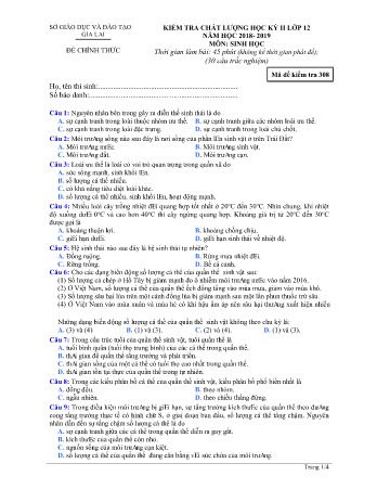 Đề kiểm tra chất lượng học kì 2 môn Sinh học 12 - Đề 308 - Năm học 2018-2019 - SGD&ĐT Gia Lai (Có đáp án)