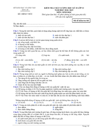 Đề kiểm tra chất lượng học kì 2 môn Sinh học 12 - Đề 461 - Năm học 2018-2019 - SGD&ĐT Gia Lai (Có đáp án)