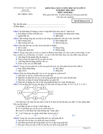 Đề kiểm tra chất lượng học kì 2 môn Sinh học 12 - Đề 510 - Năm học 2018-2019 - SGD&ĐT Gia Lai (Có đáp án)