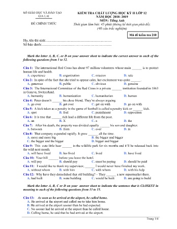 Đề kiểm tra chất lượng học kì 2 môn Tiếng Anh 12 - Đề 210 - Năm học 2018-2019 - SGD&ĐT Gia Lai (Có đáp án)