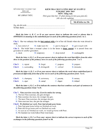 Đề kiểm tra chất lượng học kì 2 môn Tiếng Anh 12 - Đề 356 - Năm học 2018-2019 - SGD&ĐT Gia Lai (Có đáp án)