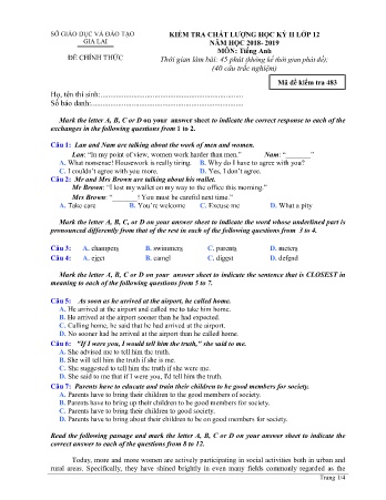 Đề kiểm tra chất lượng học kì 2 môn Tiếng Anh 12 - Đề 483 - Năm học 2018-2019 - SGD&ĐT Gia Lai (Có đáp án)