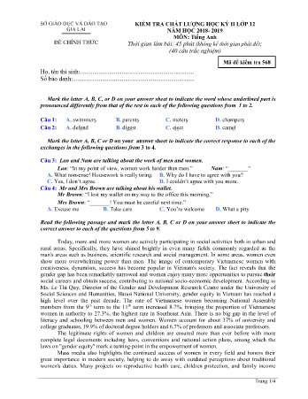 Đề kiểm tra chất lượng học kì 2 môn Tiếng Anh 12 - Đề 568 - Năm học 2018-2019 - SGD&ĐT Gia Lai (Có đáp án)