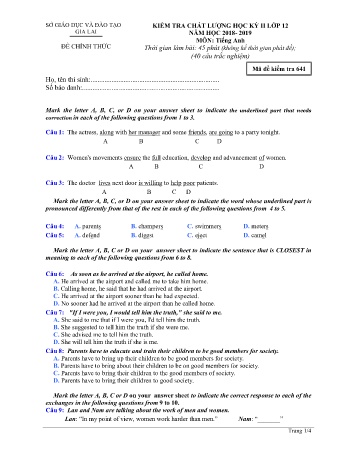 Đề kiểm tra chất lượng học kì 2 môn Tiếng Anh 12 - Đề 641 - Năm học 2018-2019 - SGD&ĐT Gia Lai (Có đáp án)