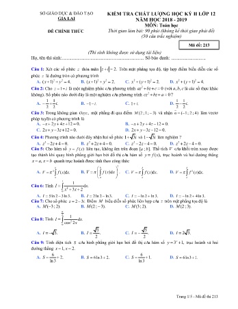 Đề kiểm tra chất lượng học kì 2 môn Toán 12 - Đề 213 - Năm học 2018-2019 - SGD&ĐT Gia Lai (Có đáp án)