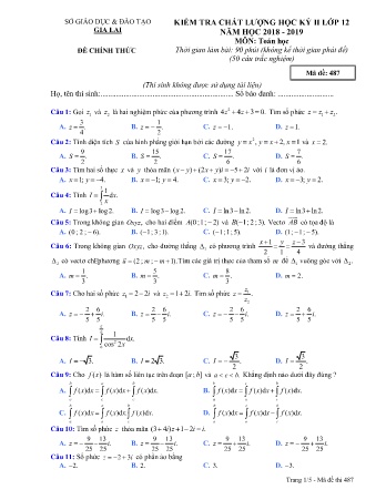 Đề kiểm tra chất lượng học kì 2 môn Toán 12 - Đề 487 - Năm học 2018-2019 - SGD&ĐT Gia Lai (Có đáp án)