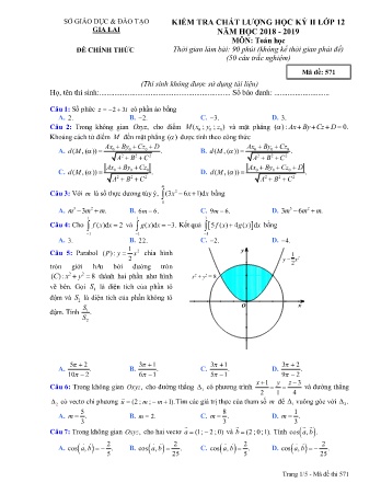 Đề kiểm tra chất lượng học kì 2 môn Toán 12 - Đề 517 - Năm học 2018-2019 - SGD&ĐT Gia Lai (Có đáp án)