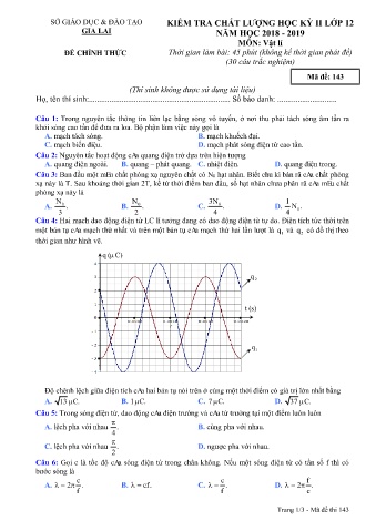 Đề kiểm tra chất lượng học kì 2 môn Vật lí 12 - Đề 143 - Năm học 2018-2019 - SGD&ĐT Gia Lai