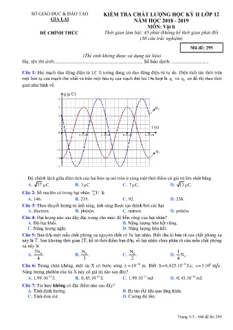 Đề kiểm tra chất lượng học kì 2 môn Vật lí 12 - Đề 295 - Năm học 2018-2019 - SGD&ĐT Gia Lai