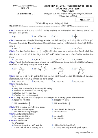 Đề kiểm tra chất lượng học kì 2 môn Vật lí 12 - Đề 307 - Năm học 2018-2019 - SGD&ĐT Gia Lai