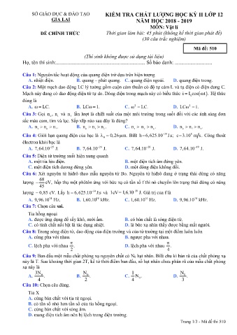 Đề kiểm tra chất lượng học kì 2 môn Vật lí 12 - Đề 510 - Năm học 2018-2019 - SGD&ĐT Gia Lai