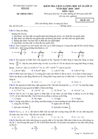 Đề kiểm tra chất lượng học kì 2 môn Vật lí 12 - Đề 634 - Năm học 2018-2019 - SGD&ĐT Gia Lai