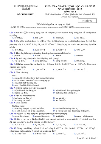Đề kiểm tra chất lượng học kì 2 môn Vật lí 12 - Đề 642 - Năm học 2018-2019 - SGD&ĐT Gia Lai