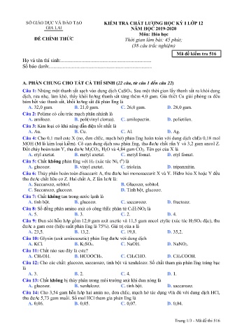 Đề kiểm tra chất lượng học kỳ 1 môn Hóa học 12 - Đề 516 - Năm học 2019-2020 - SGD&ĐT Gia Lai (Có đáp án)