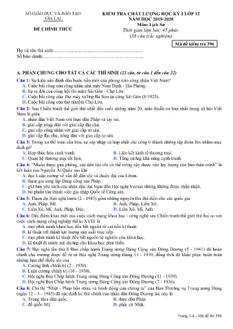 Đề kiểm tra chất lượng học kỳ 1 môn Lịch sử 12 - Đề 396 - Năm học 2019-2020 - SGD&ĐT Gia Lai (Có đáp án)