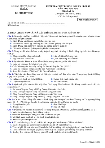 Đề kiểm tra chất lượng học kỳ 1 môn Lịch sử 12 - Đề 502 - Năm học 2019-2020 - SGD&ĐT Gia Lai (Có đáp án)