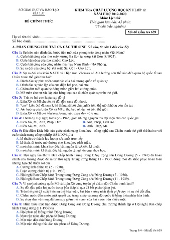 Đề kiểm tra chất lượng học kỳ 1 môn Lịch sử 12 - Đề 639 - Năm học 2019-2020 - SGD&ĐT Gia Lai (Có đáp án)