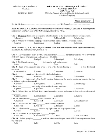Đề kiểm tra chất lượng học kỳ 1 môn Tiếng Anh 12 - Đề 134 - Năm học 2019-2020 - SGD&ĐT Gia Lai