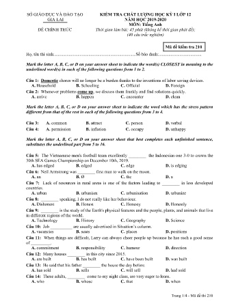 Đề kiểm tra chất lượng học kỳ 1 môn Tiếng Anh 12 - Đề 210 - Năm học 2019-2020 - SGD&ĐT Gia Lai