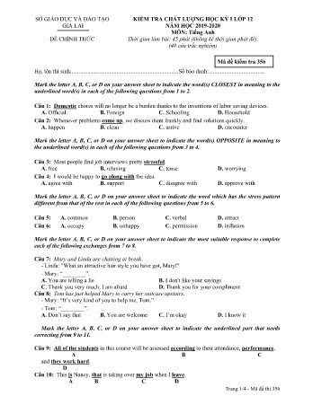 Đề kiểm tra chất lượng học kỳ 1 môn Tiếng Anh 12 - Đề 356 - Năm học 2019-2020 - SGD&ĐT Gia Lai