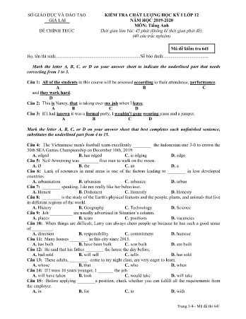 Đề kiểm tra chất lượng học kỳ 1 môn Tiếng Anh 12 - Đề 641 - Năm học 2019-2020 - SGD&ĐT Gia Lai