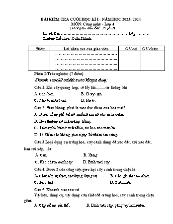 Đề kiểm tra cuối học kì 1 môn Công nghệ 4 - Năm học 2023-2024 - Trường Tiểu học Xuân Thành (Có đáp án + Ma trận)