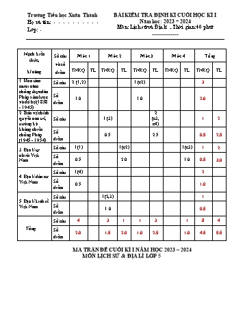 Đề kiểm tra cuối học kì 1 môn Lịch sử và Địa lí 5 - Năm học 2023-2024 - Trường Tiểu học Xuân Thành (Có đáp án + Ma trận)