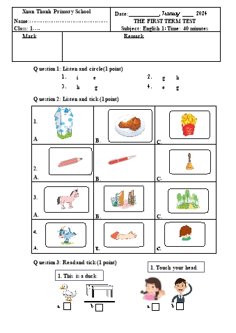 Đề kiểm tra cuối học kì 1 môn Tiếng Anh 1 - Năm học 2023-2024 - Trường Tiểu học Xuân Thành (Có đáp án + File nghe)