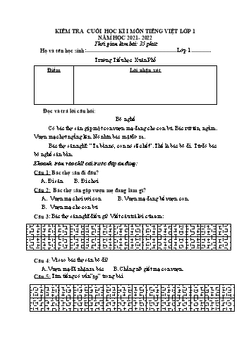 Đề kiểm tra cuối học kì 1 môn Tiếng Việt 1 - Năm học 2021-2022 - Trường Tiểu học Xuân Phổ (Có đáp án + Ma trận)
