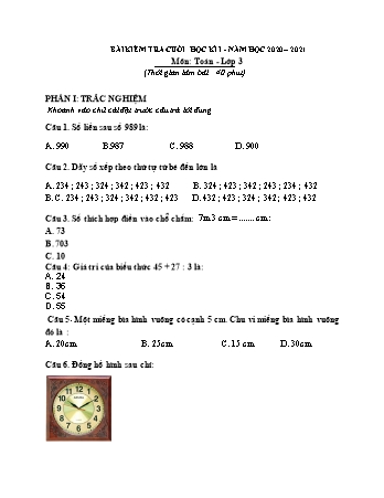 Đề kiểm tra cuối học kì 1 môn Toán + Tiếng Việt 3 - Năm học 2020-2021
