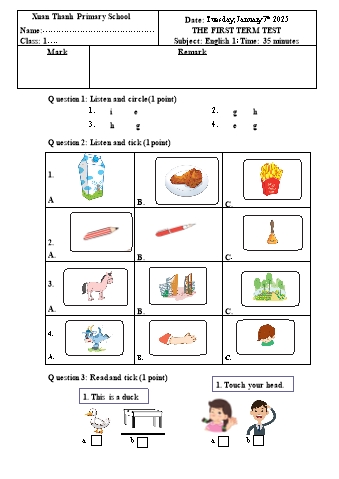 Đề kiểm tra cuối học kì 1 Tiếng Anh 1 - Năm học 2024-2025 - Trường Tiểu học Xuân Thành