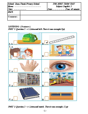 Đề kiểm tra cuối học kì 1 Tiếng Anh 3 - Năm học 2024-2025 - Trường Tiểu học Xuân Thành