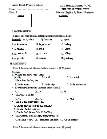 Đề kiểm tra cuối học kì 1 Tiếng Anh 5 - Năm học 2024-2025 - Trường Tiểu học Xuân Thành