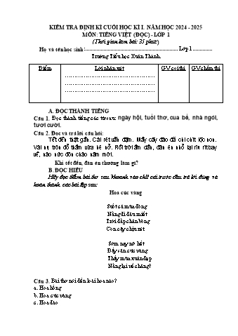 Đề kiểm tra cuối học kì 1 Tiếng Việt 1 - Năm học 2024-2025 - Trường Tiểu học Xuân Thành (Có đáp án + Ma trận)