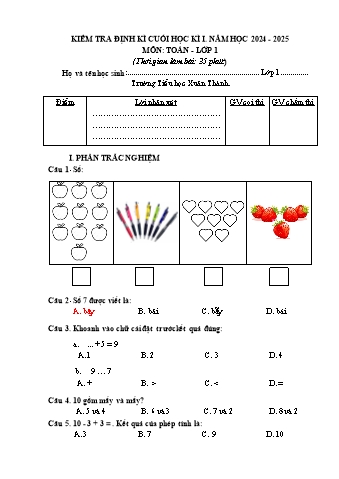 Đề kiểm tra cuối học kì 1 Toán 1 - Năm học 2024-2025 - Trường Tiểu học Xuân Thành (Có đáp án + Ma trận)