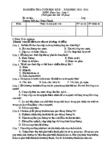 Đề kiểm tra cuối học kì 2 môn Khoa học 5 - Năm học 2023-2024 - Trường Tiểu học Xuân Thành (Có đáp án + Ma trận)