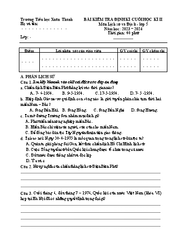 Đề kiểm tra cuối học kì 2 môn Lịch sử và Địa lí 5 - Năm học 2023-2024 - Trường Tiểu học Xuân Thành (Có đáp án + Ma trận)