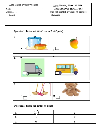 Đề kiểm tra cuối học kì 2 môn Tiếng Anh 1 - Năm học 2023-2024 - Trường Tiểu học Xuân Thành