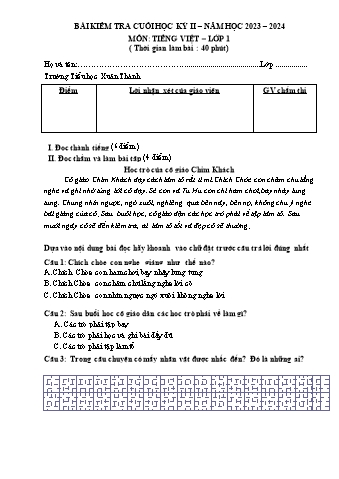 Đề kiểm tra cuối học kì 2 môn Tiếng Việt 1 - Năm học 2023-2024 - Trường Tiểu học Xuân Thành (Có đáp án + Ma trận)
