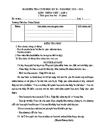 Đề kiểm tra cuối học kì 2 môn Tiếng Việt 3 - Năm học 2023-2024 - Trường Tiểu học Xuân Thành (Có đáp án + Ma trận)