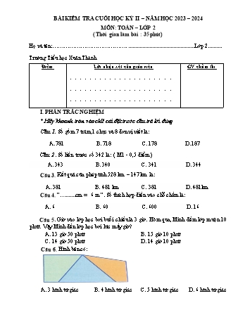 Đề kiểm tra cuối học kì 2 môn Toán 2 - Năm học 2023-2024 - Trường Tiểu học Xuân Thành (Có đáp án + Ma trận)