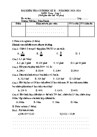 Đề kiểm tra cuối học kì 2 môn Toán 5 - Năm học 2023-2024 - Trường Tiểu học Xuân Thành (Có đáp án + Ma trận)