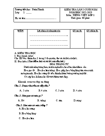 Đề kiểm tra cuối năm lần 2 môn Tiếng Việt 1 - Năm học 2023-2024 - Trường Tiểu học Xuân Thành (Có đáp án)