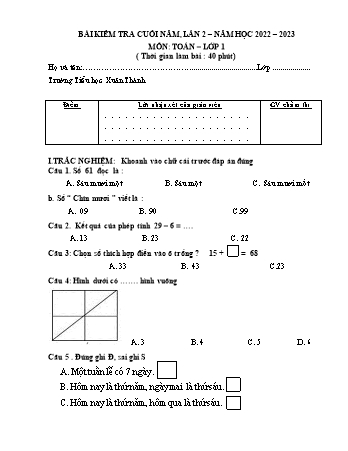Đề kiểm tra cuối năm lần 2 môn Toán 1 - Năm học 2023-2024 - Trường Tiểu học Xuân Thành (Có đáp án)